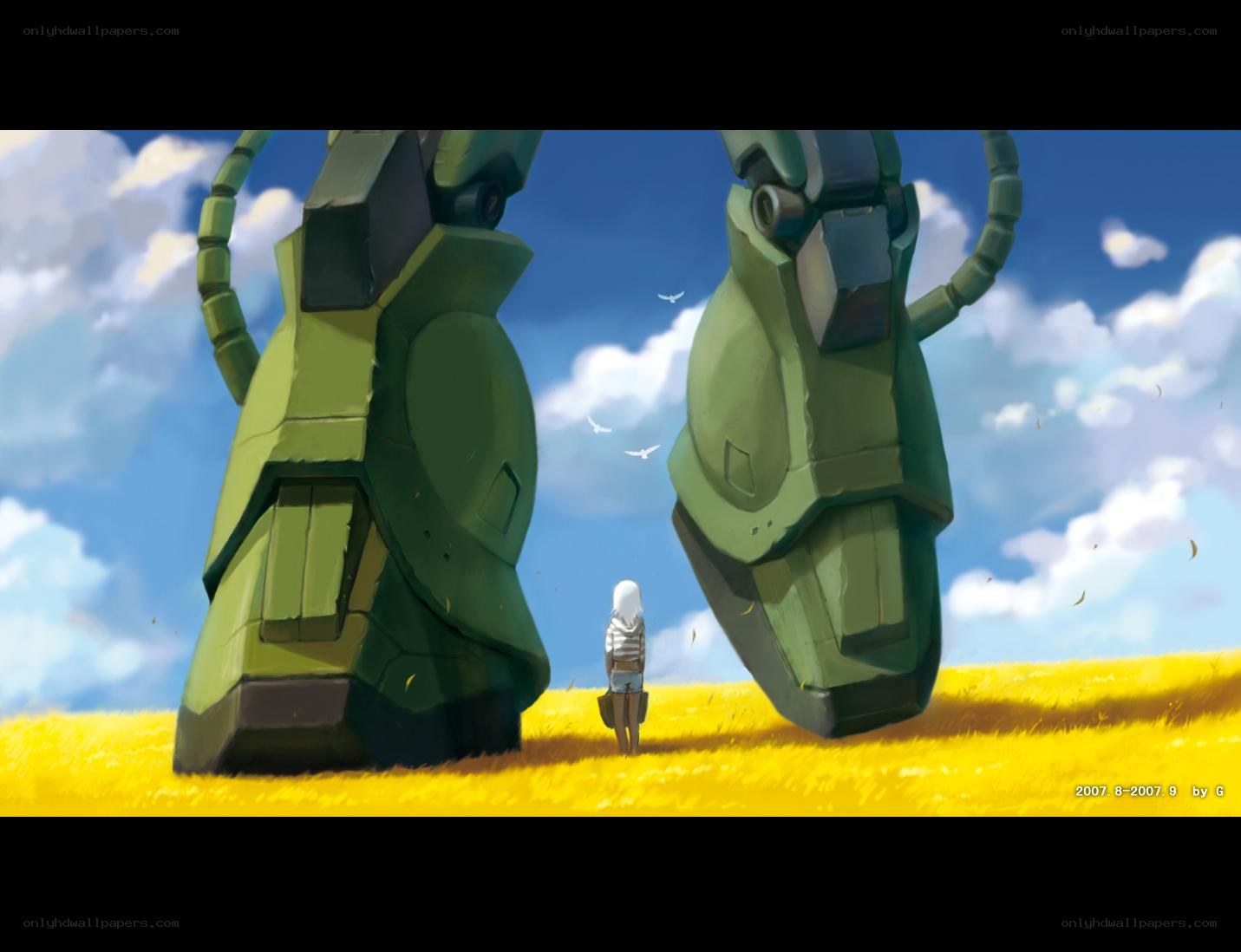 Girl between giant robot legs