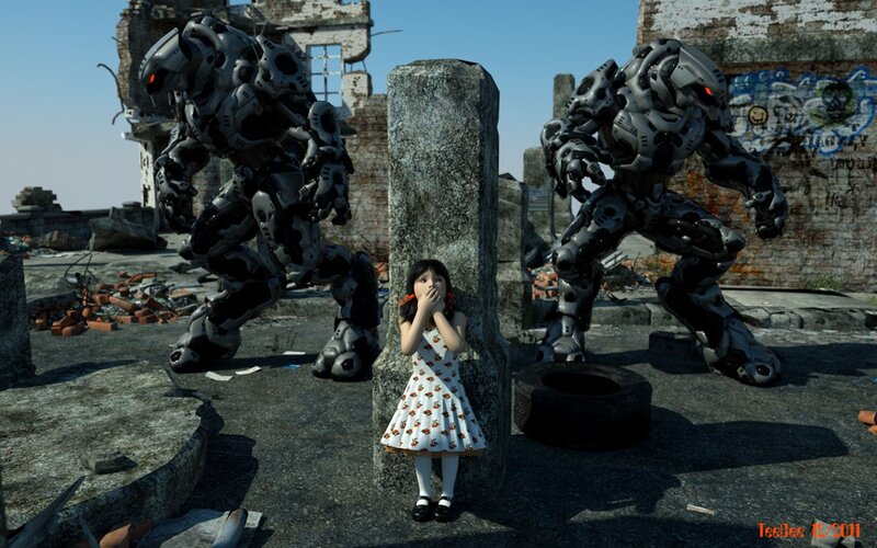 Girl Between Robots