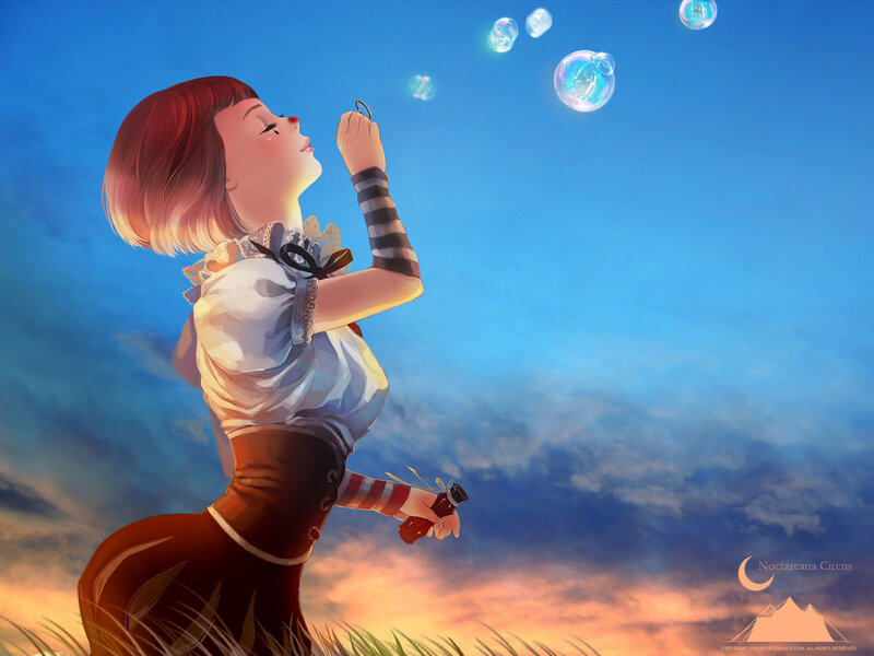 Girl blowing bubbles at sunset