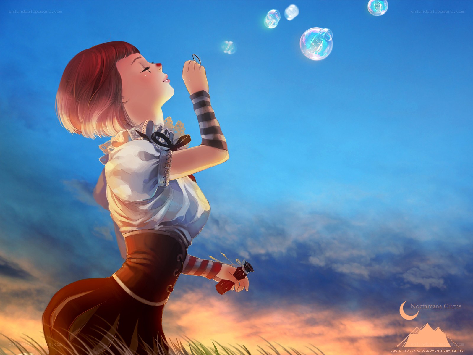 Girl blowing bubbles at sunset