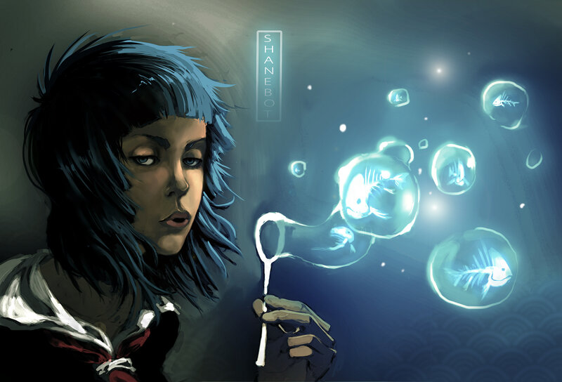 Girl Blowing Bubbles — Blue, Dreamy, Night