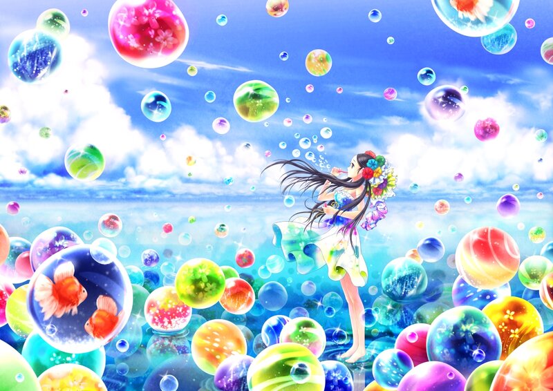 Girl Blowing Bubbles — Blue, Dreamy