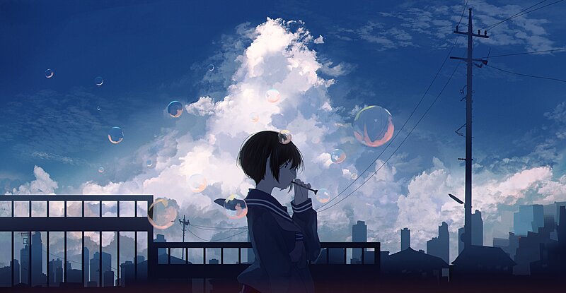 Girl Blowing Bubbles — Blue, Serene, Afternoon, Digital Art, Cityscape