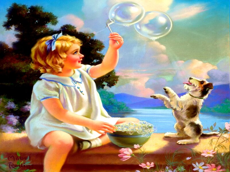 Girl Blowing Bubbles — Blue, Serene, Afternoon