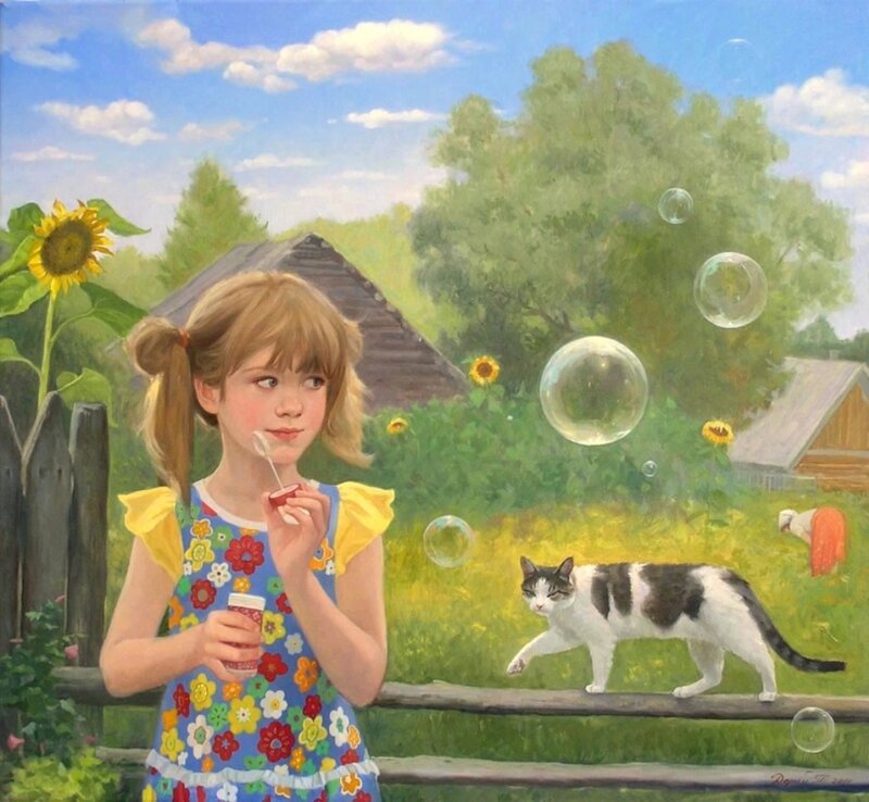Girl Blowing Bubbles — Blue, Serene