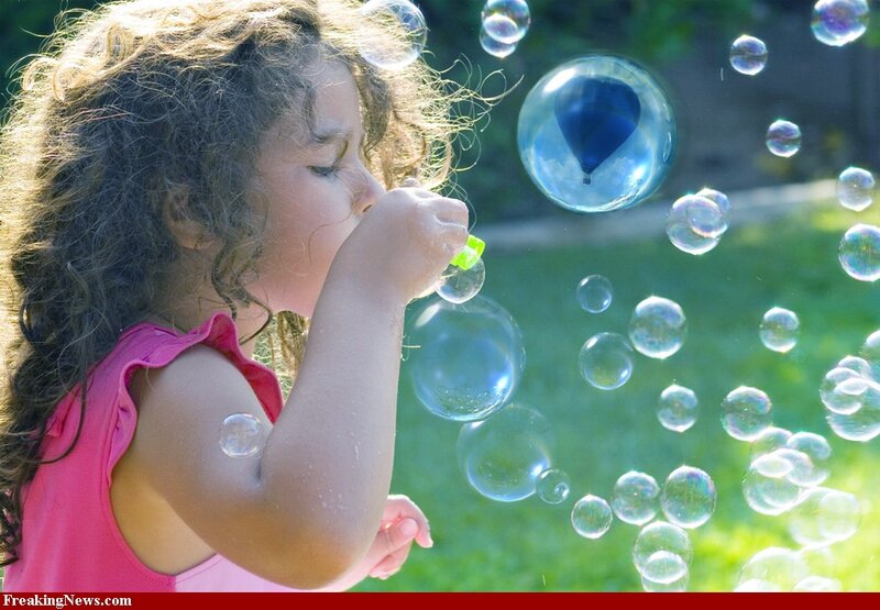 Girl Blowing Bubbles — Green, Playful