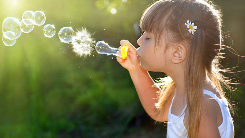Girl Blowing Bubbles — Green, Serene
