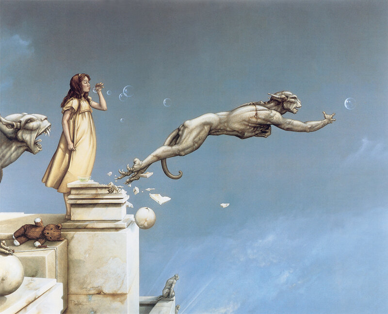 Girl blowing bubbles with a gargoyle