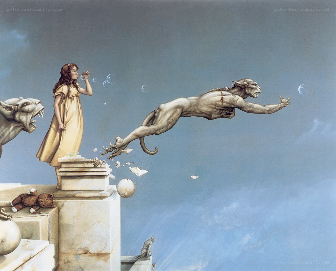 Girl blowing bubbles with a gargoyle