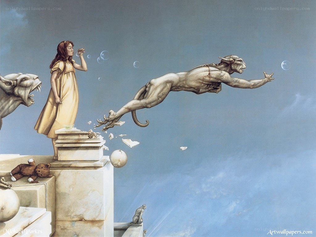 Girl blowing bubbles with a monster