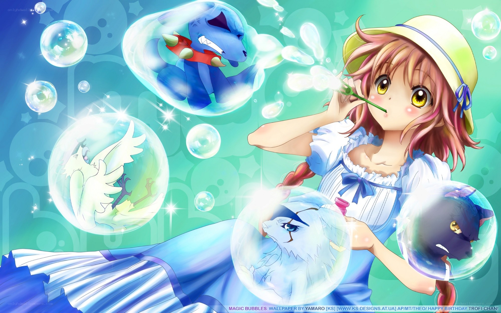 Girl blowing bubbles with creatures
