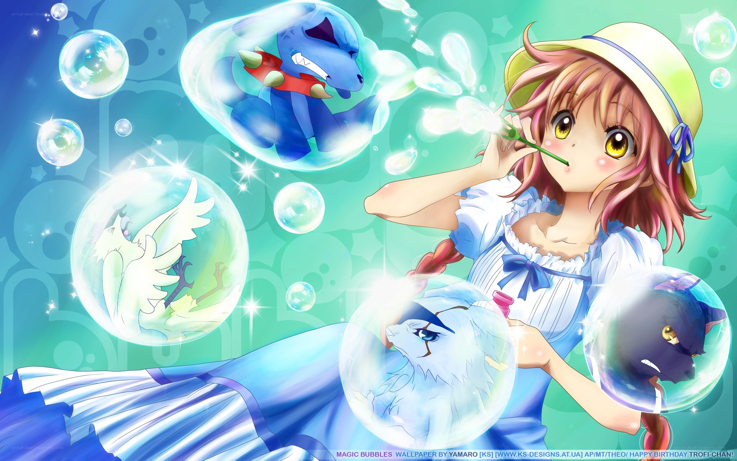 Girl blowing bubbles with creatures