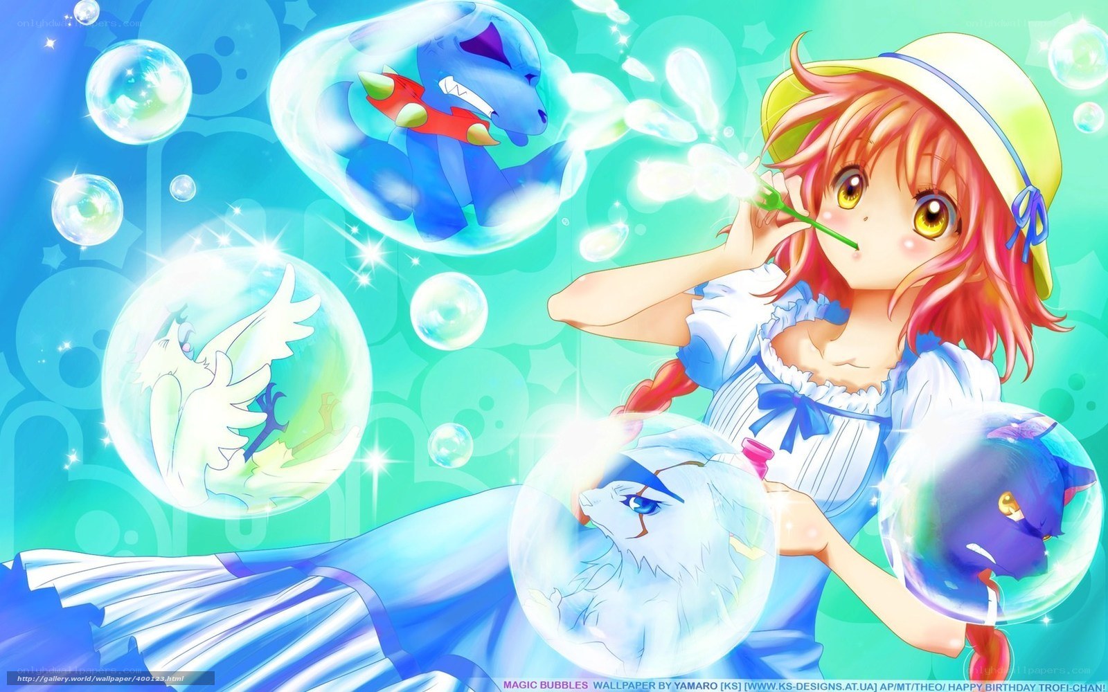 Girl blowing bubbles with creatures