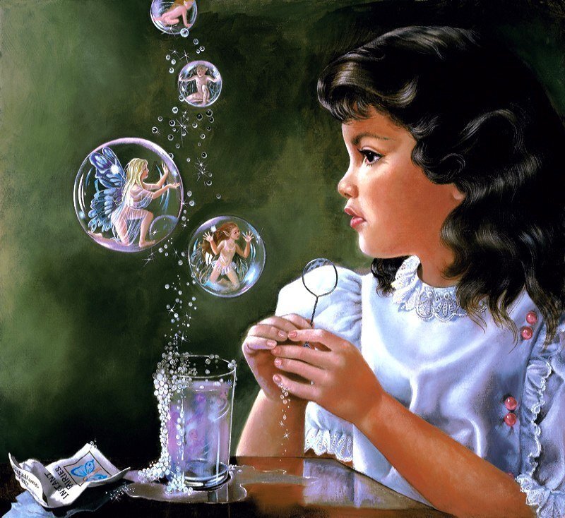 girl blowing bubbles with fairies