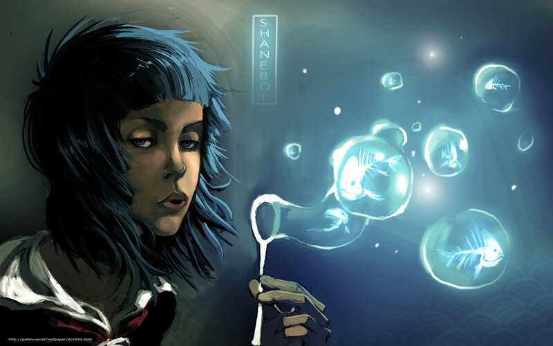 girl blowing bubbles with fish
