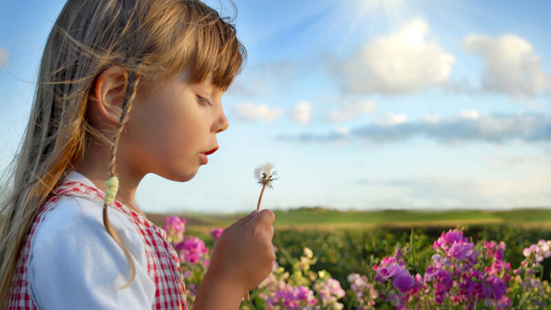 Girl Blowing Dandelion — Blue, Serene