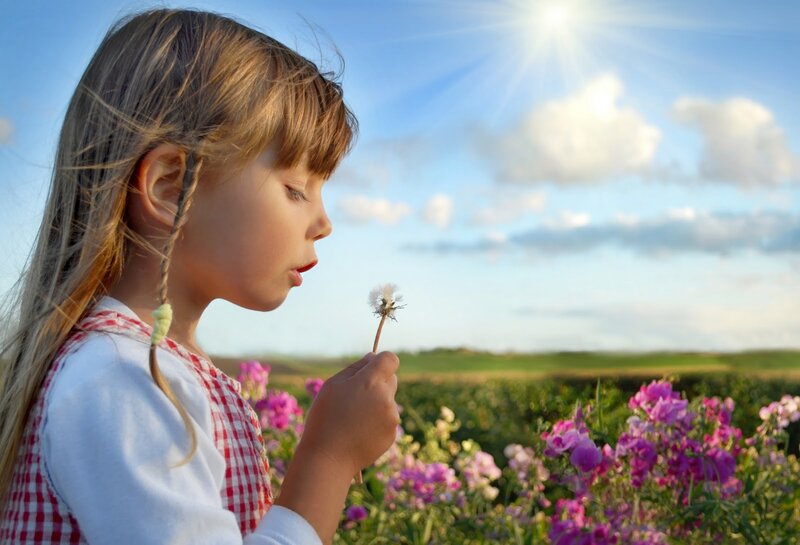 Girl Blowing Dandelion — Blue