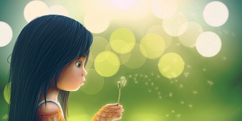 Girl Blowing Dandelion — Green, Serene, Afternoon, Digital Art, Hand