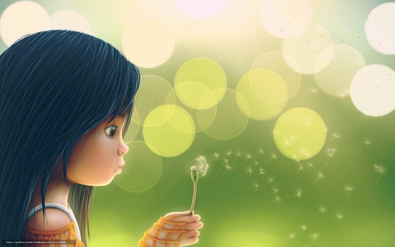 Girl Blowing Dandelion — Green, Serene, Afternoon, Digital Art