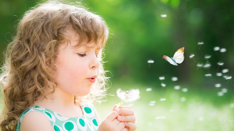 Girl Blowing Dandelion — Green, Serene, Afternoon, Photograph