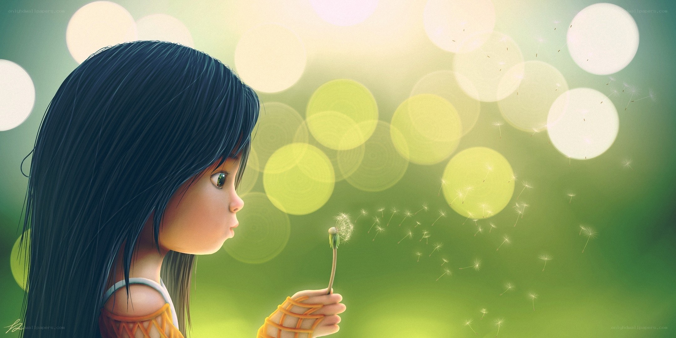 girl blowing dandelion seeds