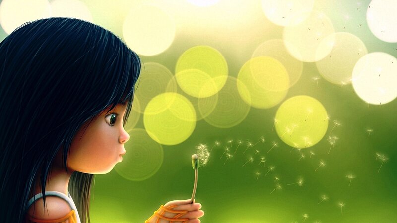 girl blowing dandelion seeds