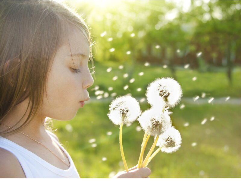 Girl Blowing Dandelion Seeds — Green, Serene
