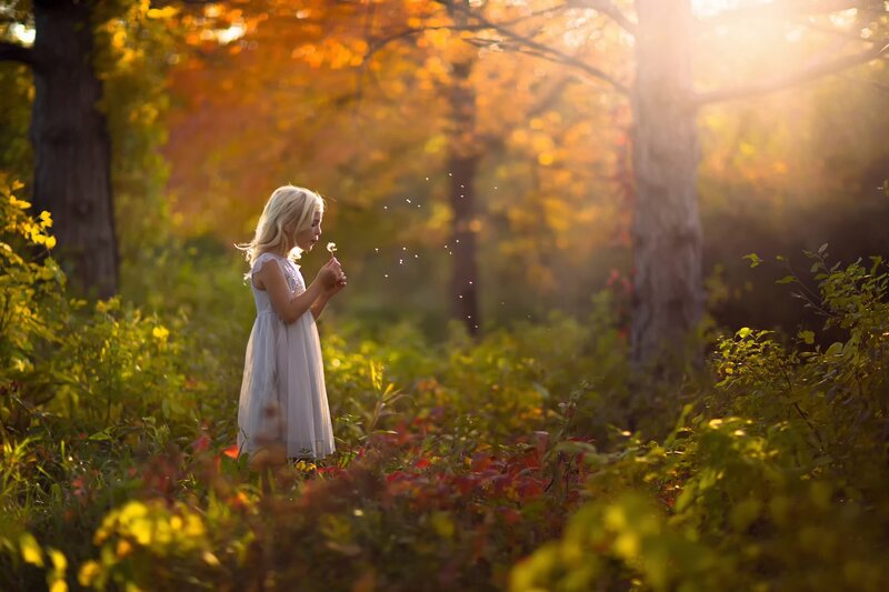 Girl Blowing Dandelion — Yellow, Serene