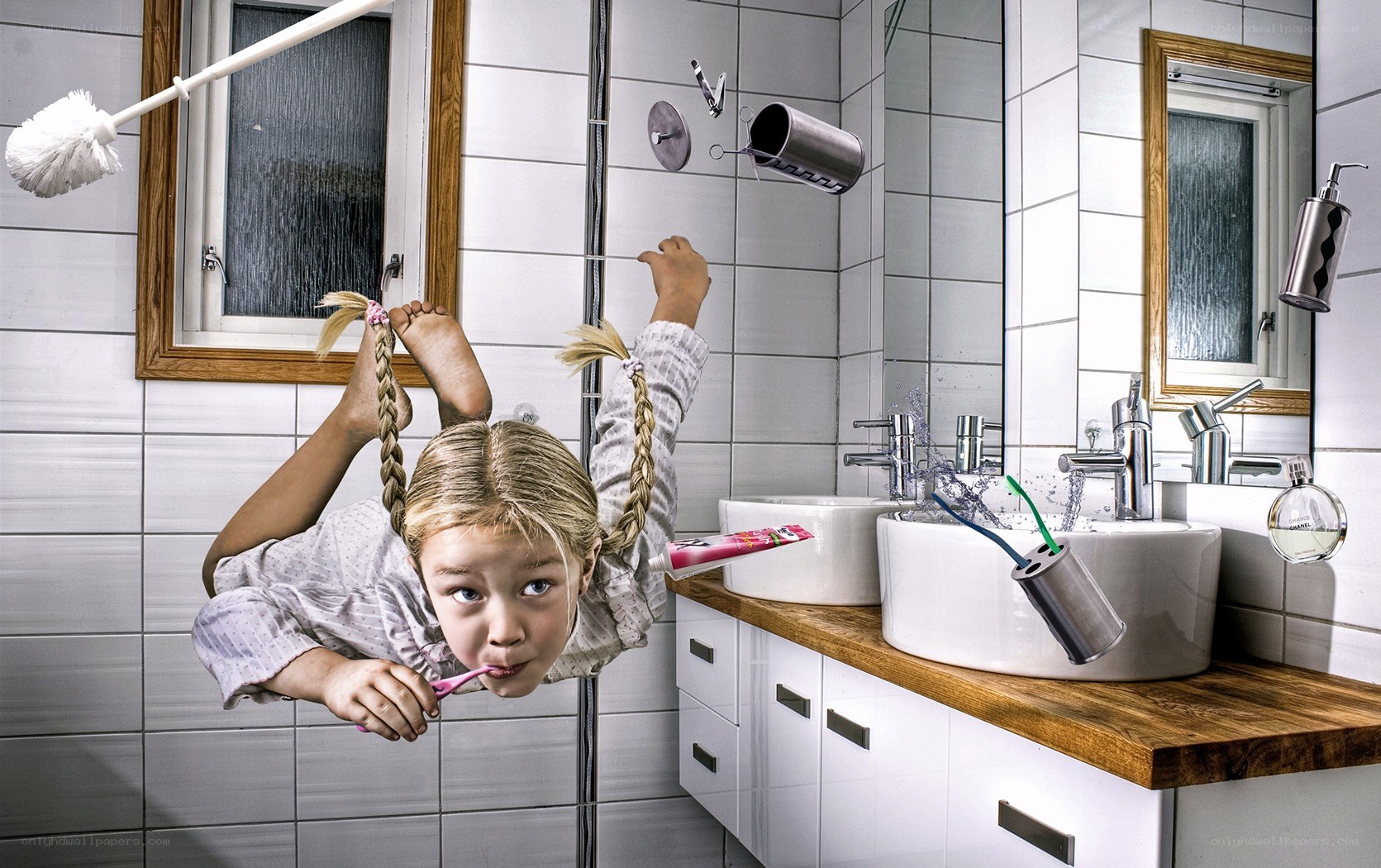 Girl brushing teeth upside down