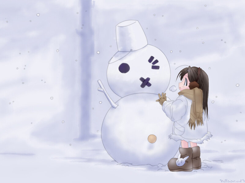 Girl Building Snowman — White
