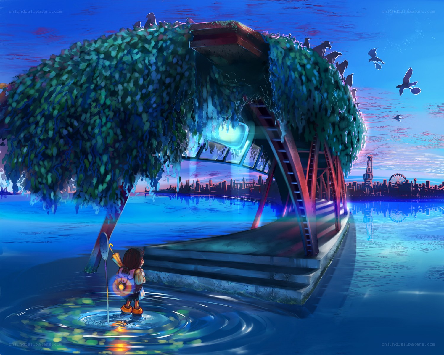 Girl by a glowing pavilion