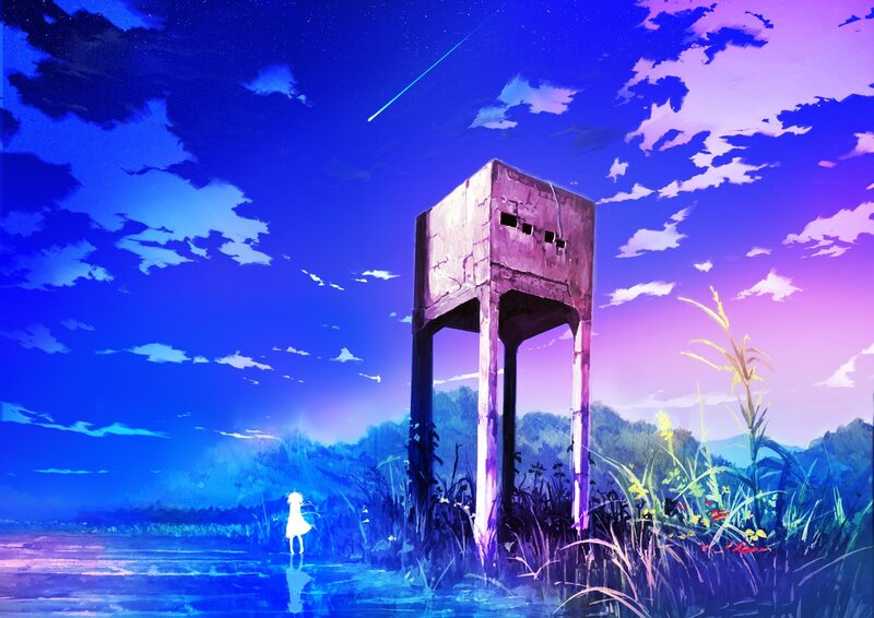 Girl by a water tower at night