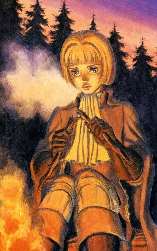 girl by the fire in forest