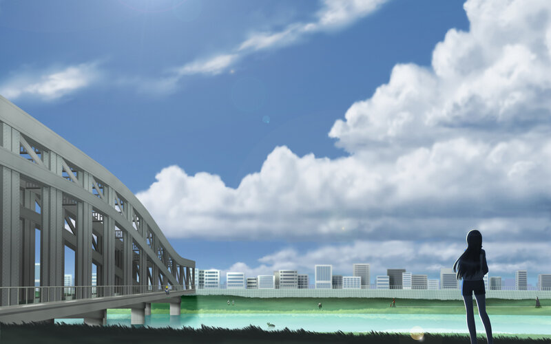 Girl by the river with bridge
