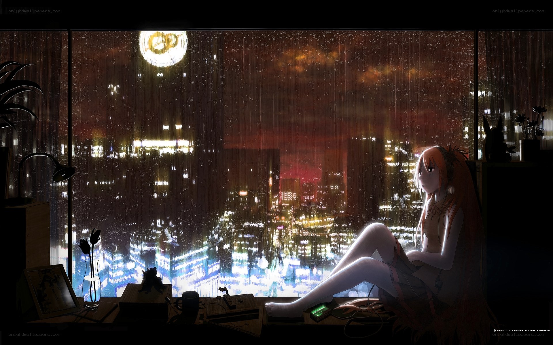 Girl by the window at night
