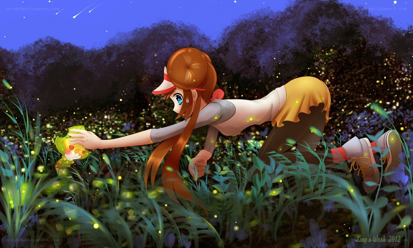 girl catching fireflies at night