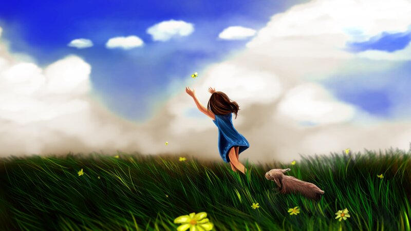 Girl Chasing Butterfly — Blue