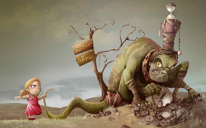 Girl Confronting Monster — Green, Dramatic