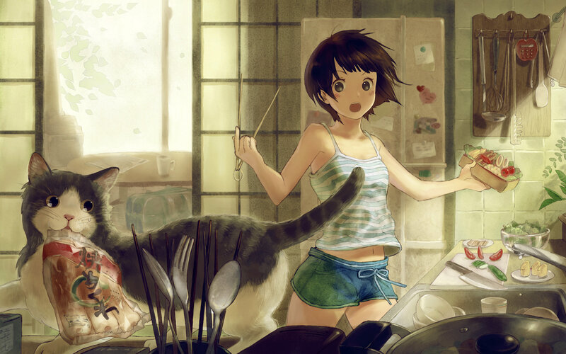 Girl cooking with cat in kitchen