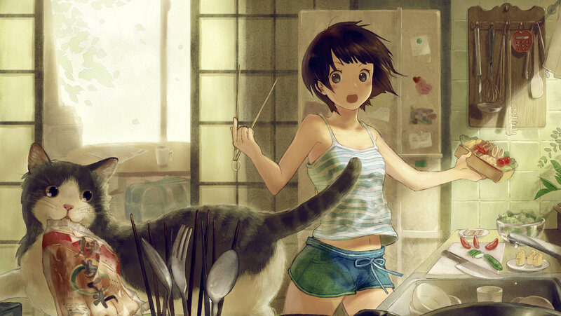 Girl cooking with cat in kitchen