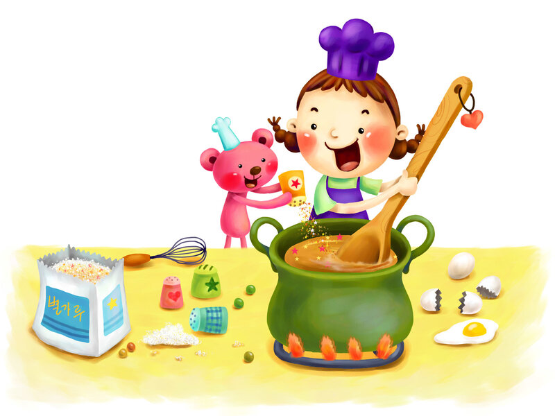 Girl Cooking with Teddy Bear