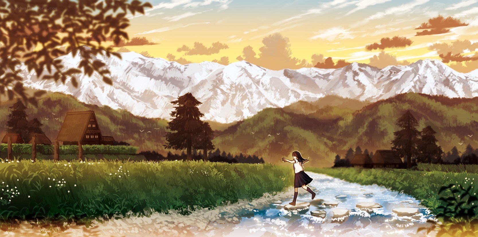 Girl crossing a stream at sunset