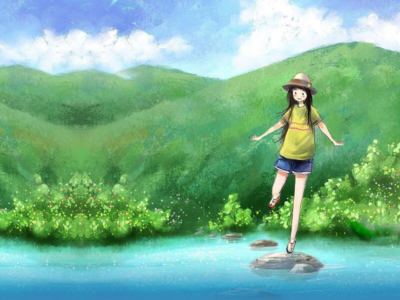 Girl crossing a stream in nature