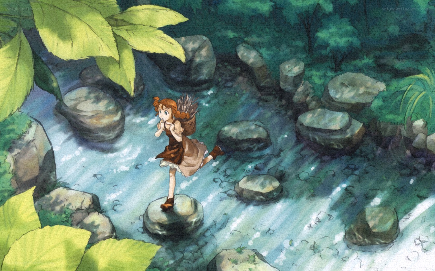 girl crossing stream in forest