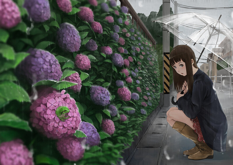 Girl Crouching in Rain