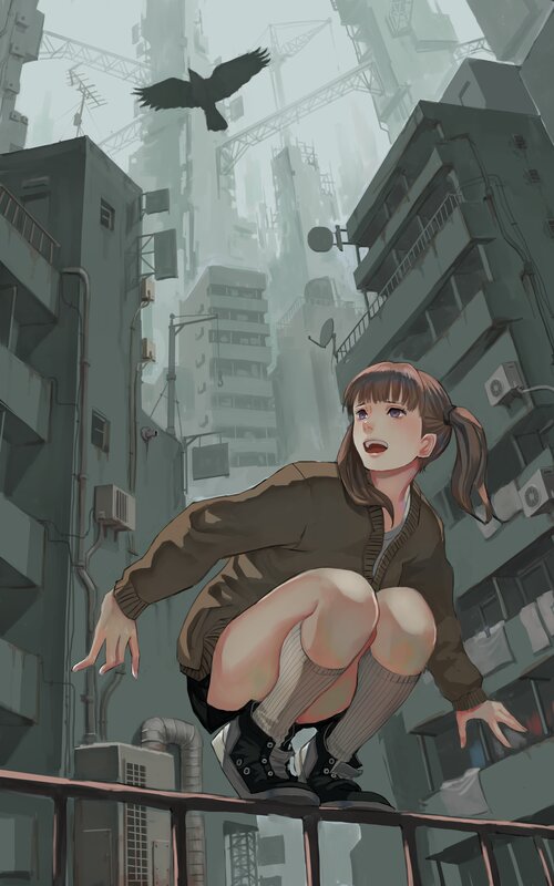 Girl Crouching on Balcony