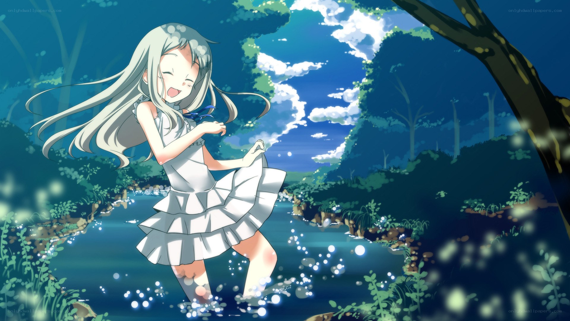 girl dancing in a forest stream