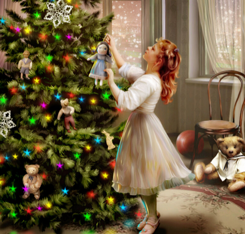 Girl Decorating Christmas Tree — Green, Festive