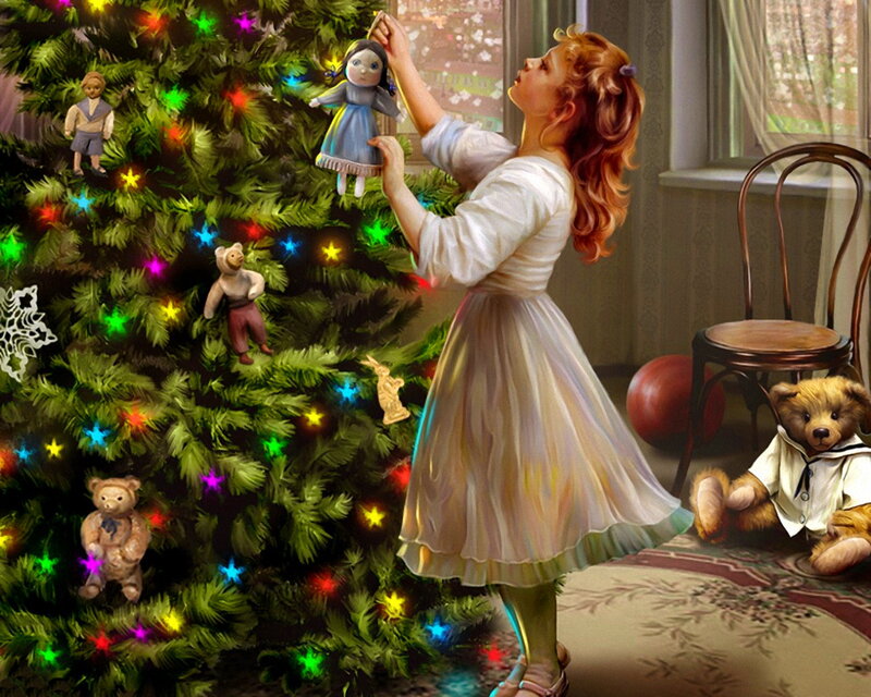 Girl Decorating Christmas Tree — Green