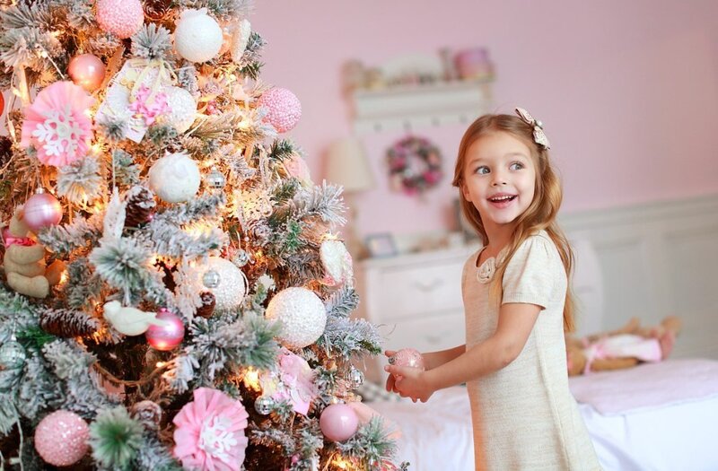 Girl Decorating Christmas Tree — Pink, Festive
